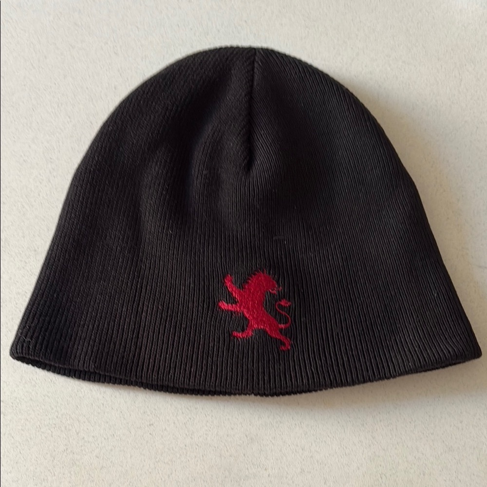 Express Black and Red Knit Hat with Lion Emblem